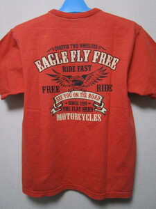 新品！THE FLAT HEAD プリントＴシャツ・38・ライトレッド（日本製フラットヘッドEAGLE FLY FREE半袖Ｔシャツバイカーウエストライド）