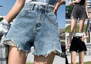 全4色 デニムショートパンツ ショーパン ジーパン ハイウエスト 切り替え 体型カバー 着痩せ デニム 【大きいサイズあり】 3XL ブラック