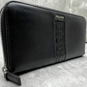 【希少品 極美品】 プラダ PRADA 長財布 ラウンドファスナー クロコダイル ワニ革 サフィアーノレザー 黒 ブラック ロゴ メンズ ビジネス