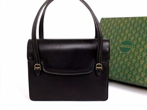 美品　GUCCI【グッチ】ヴィンテージ レザーハンドバッグ☆スクエア型☆ブラック×ゴールド金具☆ロゴ☆レディース