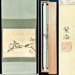 【模写】紫海 花鳥図 掛軸 鳥獣 雀 細密画 日本 中国 中国美術 合箱 人が書いたもの ｈ042307