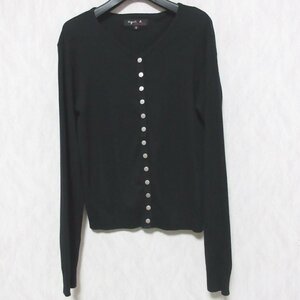 美品 agnes b. アニエスベー J155 CARDIGAN コットンニットカーディガンプレッション ロゴシルバーボタン 2 ブラック ◆