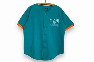 90sビンテージUSA製MiamiDolphinsマイアミドルフィンズNFLアメフトゲームシャツLアクアブルーベースボールシャツアメカジストリートh23145