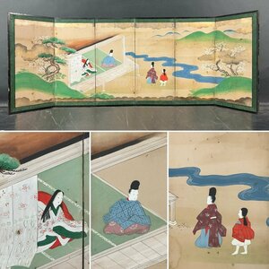 【都屋】22n　大和絵 小屏風 高さ 約54cm 六曲半双 無落款 紙本肉筆 雛屏風 四季 桜 花見 人物図 源氏絵 日本画