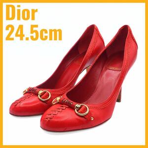 ディオール レザー パンプス ゴールドストーン 37.5 24.5cm Christian Dior D1 1207 レディース レッド 