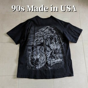 90s インディアン　アニマル Tシャツ シングルステッチ　ブラック　XL相当