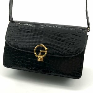 GUCCI グッチ ロゴ 本クロコ センター割り 2WAY ショルダー バッグ ブラック 美品