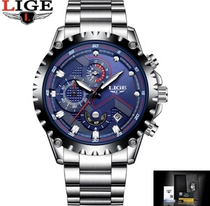 LIGE メンズ 腕時計 高品質 クオーツ カジュアル スポーツ ミリタリー ウォッチ 9821 クロノグラフ 防水 時計 シルバー × ブルー