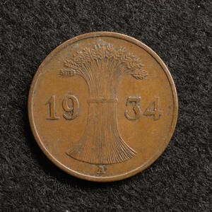 KM#37/ドイツワイマール共和国 1ライヒスペニヒ銅貨（1934）ベルリン製造[E554]コイン