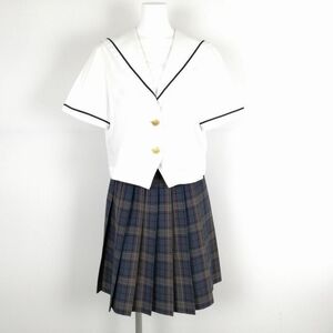 1円 セーラー服 チェックスカート 上下2点セット 大きいサイズ 夏物 青1本線 女子 学生服 岡山芳泉高校 白 制服 中古 ランクB NA0650