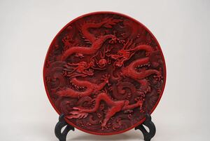 【萬古】中国古美術 清代 堆朱 漆器 飾皿 清朝期 古玩 骨董品 唐物 時代物 当時物 置物