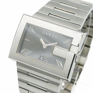 1円 稼働 GUCCI グッチ 100M Gレクタングル Gスクエア シルバー QZ クオーツ 黒 ブラック文字盤 SS 腕時計 メンズ ブランド 246220240326