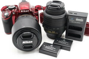 美品 Nikon D3200 デジタル一眼レフカメラ ボディ レッド 18-55mm 55-200mm レンズ 2点 バッテリー 他 画像参照 動作確認済み 