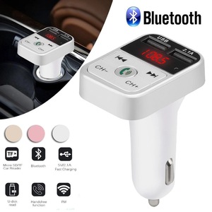 Bluetooth FMトランスミッター 充電器 充電 音楽再生 二台同時充電 ハンズフリー スマホ シガーソケット SDカード 無線 車載 車内　白　2