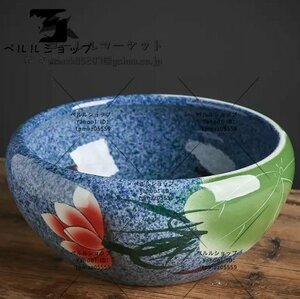 新入荷☆睡蓮鉢。綺麗な陶器製、メダカ、金魚、水性植物、手描きの逸品 ☆径24cm