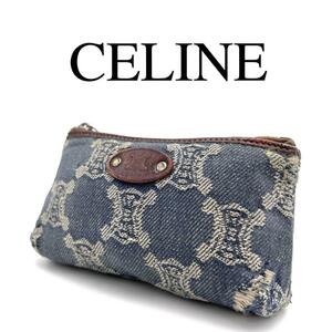 CELINE セリーヌ ポーチ 小物入れ マカダム デニム ロゴ金具 ブルー系