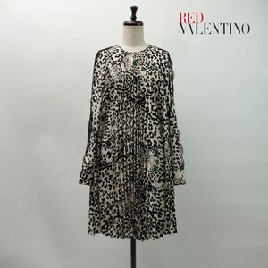 美品 RED VALENTINO レッドヴァレンティノ レース アニマル柄プリーツAラインワンピース 膝丈 裏地無し レディース 白 黒 サイズ42*MC869