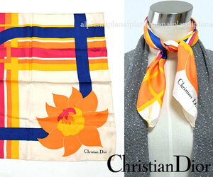 クリスチャン ディオール■ロゴ入り　レトロ×花柄シルクスカーフ　オレンジ系　Christian Dior 　scarf