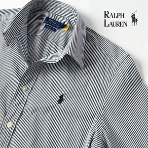 (美品) ラルフローレン RALPH LAUREN ボタンダウン ストライプ ストレッチ 長袖 シャツ レディース 6 165/92A (日本L) ブラック ホワイト