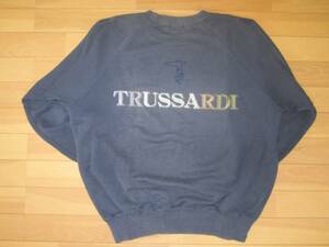 ★希少品★TRUSSARDI 左胸＆背面グラデーション刺繍 C/Nスウェットシャツ★紺灰sizeL★