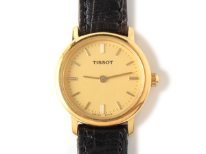 E17003 美品 TISSOT ティソ 腕時計 ゴールド×ブラック 黒 アナログ 2針 C225K レザーベルト 本革 SWISS MADE 動作未確認