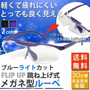 メガネ型 ルーペ 拡大鏡 跳ね上げ式 老眼鏡 ブルーライトカット おしゃれ 1.6倍 豪華7点セット 2色選択可能