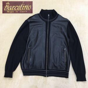 Barcelino スペイン製 レザー×ニット 切り替えジャケット ブルゾン フルジップ 防寒着 メンズ サイズ44 ブラック 黒