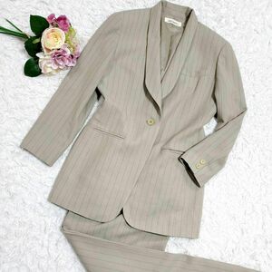 極美品 M ルイシャンタン ウール100 スーツ ベージュ系 ストライプ 日本製 Lui Chantant 羊毛 セットアップ 38 フォーマル レディース 女性