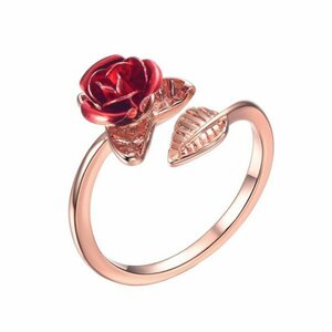 オープンリング 指輪 ゴールド 薔薇 赤 フラワー 花 レッド ローズ 葉 レディース 韓国 調整可能 フリーサイズ 大人 可愛い #C940-3