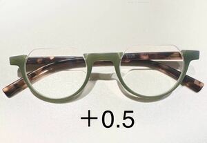 オシャレ　老眼鏡　＋0.5 リーディンググラス　ブルーライトカットレンズ使用　ソフトケース付き　アンダーリム　グリーン　レオパード