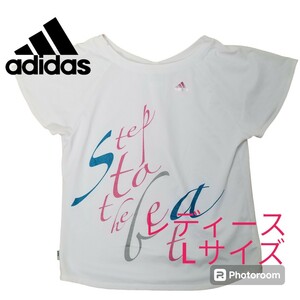 アディダス　adidas　レディース　半袖シャツ　 Lサイズ　プリントシャツ　ホワイト　クライマライトシリーズ　古着