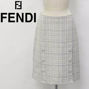 ◆FENDI/フェンディ ツイード フロントボタン スカート オフホワイト×ネイビー 40