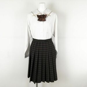 1円 セーラー服 チェックスカート 上下3点セット カンコー 中間服 ベージュ1本線 女子 学生服 岡山南高校 白 制服 中古 ランクB NA0149