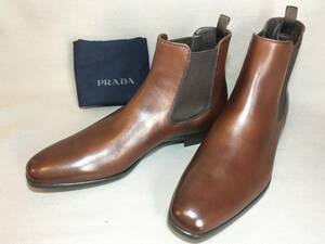 新品 プラダ サイドゴア レザー ブーツ 9 茶 ブラウン PRADA 革靴 本革 カーフ b