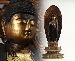 仏教美術 仏像 阿弥陀如来 全高約86cm 木彫 江戸初期 細密 鍍金 平安仏