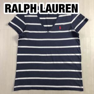 RALPH LAUREN SPORT ラルフローレン スポーツ 半袖Tシャツ L ボーダー柄 ネイビー×ホワイト 刺繍ポニーVネック