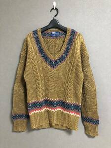 希少 RALPH LAUREN HAND KNIT 90s ヴィンテージ Ｖネック アラン ニット ラルフローレン XL 