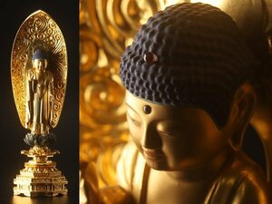 【琴》送料無料 仏教美術 木彫 塗金 仏像 高60.5cm WJ282