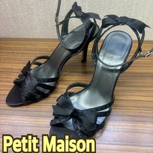 靴 ◆Petit Maison ◆ ヒール サンダル 23cm 黒 リボン & スパンコール ◆ レディース シューズ 現状品