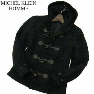 MICHEL KLEIN HOMME ミッシェルクラン オム メルトン ウール★ チェック柄 ショート丈 ダッフルコート Sz.46　メンズ 黒　C2T12224_B#N