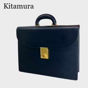 Kitamura キタムラ ダレスバッグ ビジネスバッグ ブリーフケース レザー 鍵付き 赤ステッチ ゴールド金具 極美品 ダークブルー