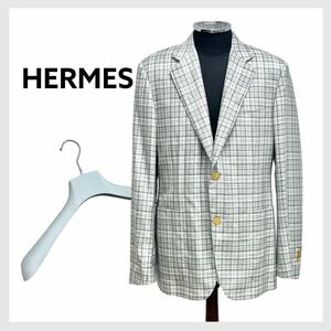 高級 ハンガー付き オーダー品定価100万以上HERMES エルメス ウール シルク混 馬車Hロゴ金ボタン チェック柄 テーラードジャケット メンズ