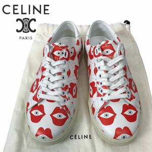 j239 良品 CELINE セリーヌ レザー ローカット スニーカー シューズ eye lip プリント デザイン ホワイト 36 スペイン製 CWN09 正規品