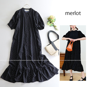 merlot メルロー★大人可愛い♪ドットプリントバンドカラーティアードロング丈ワンピース