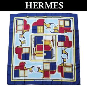 【極美品】HERMES エルメス カレ90 LES COUPES クーペ スカーフ 大判スカーフ シルク100％ レディース ブルー 水色 柄【k399】