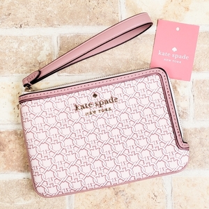 未使用 ケイトスペード レザー PVC 総柄 リスレット Lジップ ポーチ small l-zip wristlet 薄マチ スペード柄 ピンク kate spade