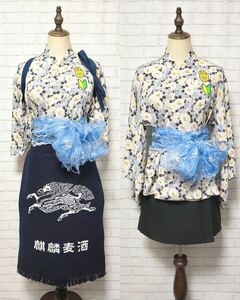 ★居酒屋チェーン店 目利きの銀次 女子スタッフ制服 浴衣 フルセット 缶バッチ・足袋付き 