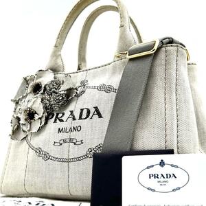 《極美品》ギャランティ付 PRADA プラダ カナパS デニム コサージュ 2WAYトートバッグ ショルダーバッグ 斜め掛け