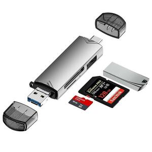 USB A/C+Micro USB to SD(HC)/TF/MicroSD(HC) カードリーダー USBフラッシュメモリー対応 OTGアダプタ For Type-C スマートフォン&PC 銀
