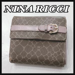 ☆NINARICCI☆ ニナリッチ 折り財布 財布 ウォレット がま口 ブラウン ピンク レザー キリン柄 ベルトデザイン レディース 送料無料